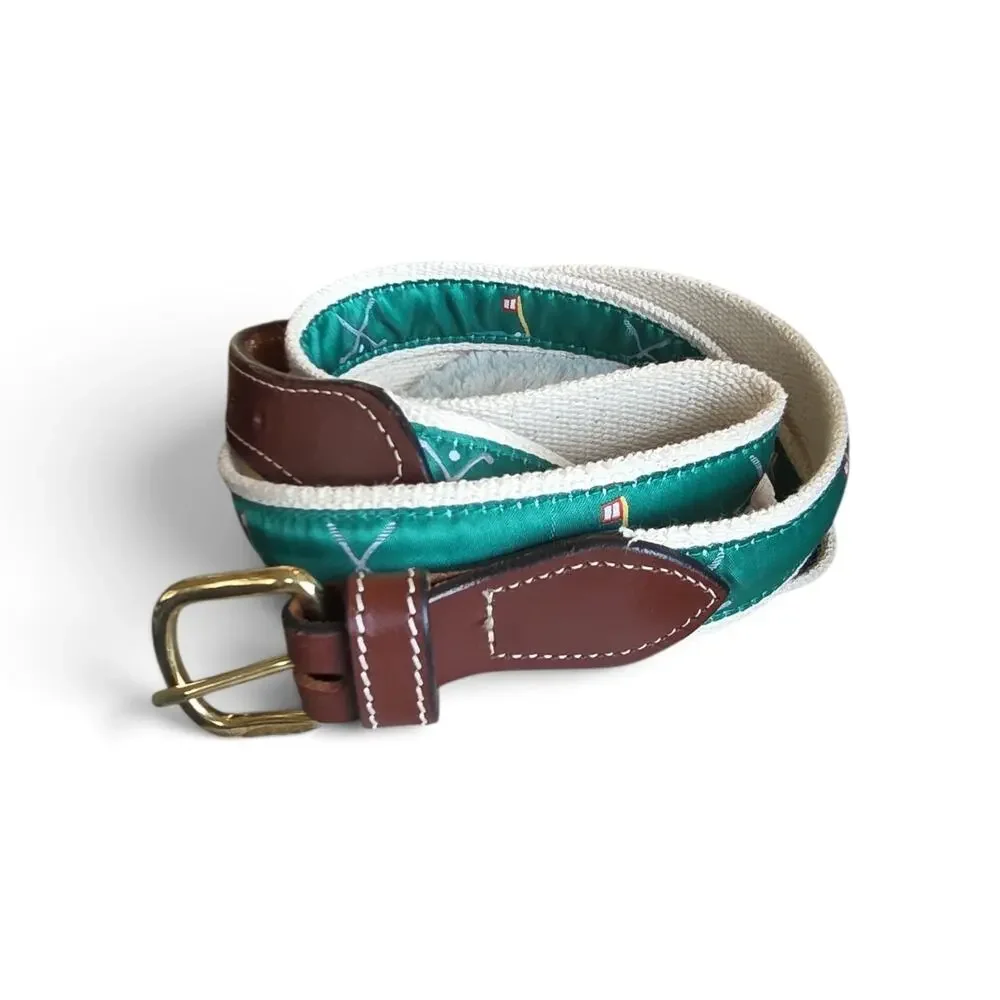XL Golf Theamed embroidered Cloth Belt with Leather & Brass Buckle, Green
